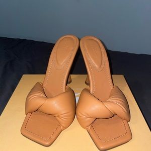 ASOS Design Niki padded twist high heeled mules in beige